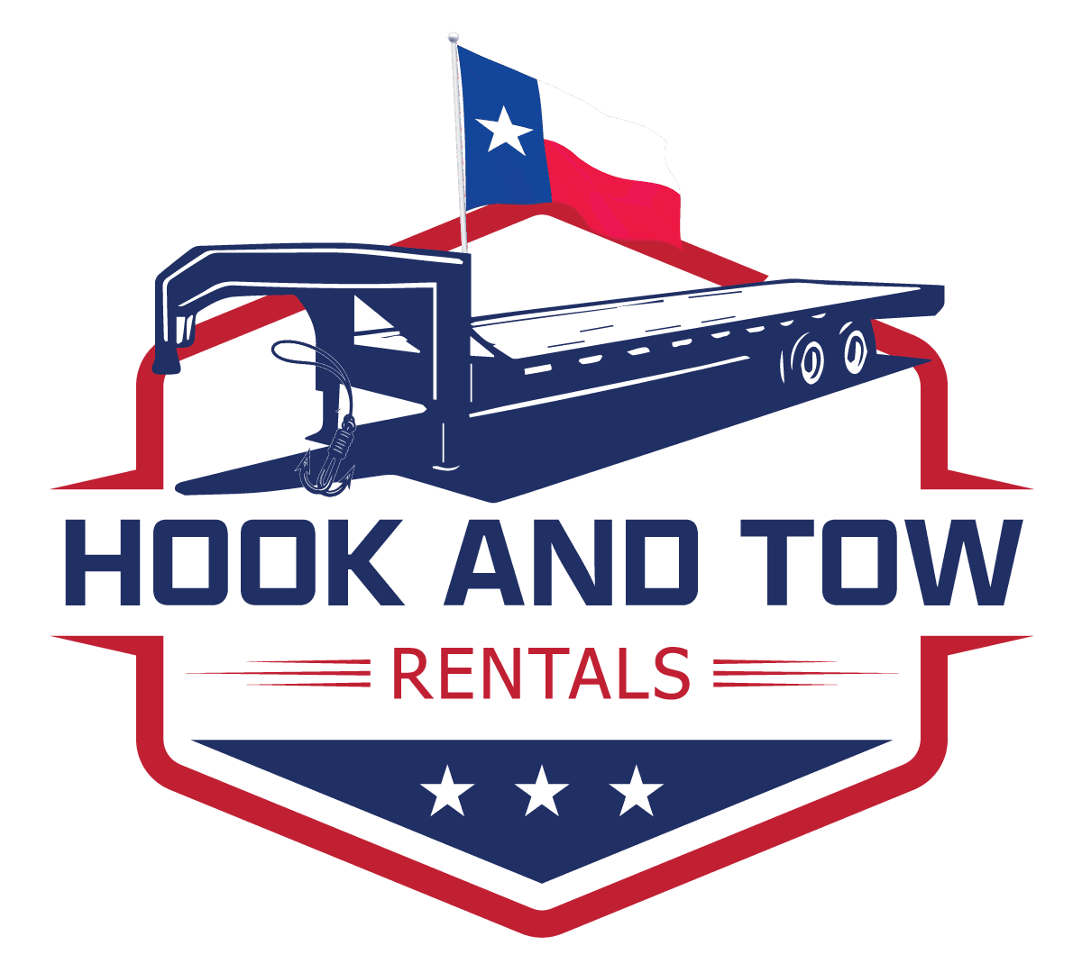 Logo of Hook and Tow Rentals featuring a tow truck and Texas flag.