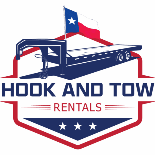Logo for Texas-based hook and tow rental service with a pickup truck and flag.