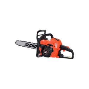 Orange Echo chainsaw with black handle and blade.