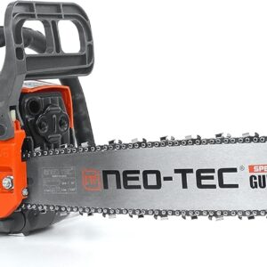 Close-up of a Neo-Tec chainsaw blade and handle.