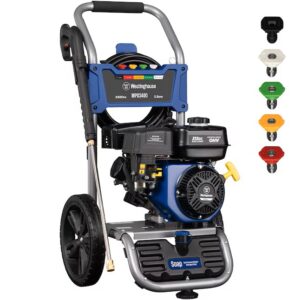 Blue gas-powered pressure washer with wheels and multiple nozzle options.