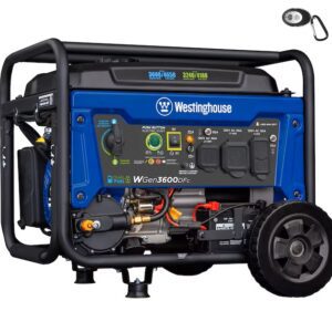Portable blue Westinghouse generator with wheels and handle for easy transport.