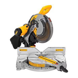 A yellow and silver miter saw with clear blade guard.