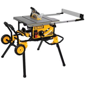 Portable table saw with stand and extendable support arm.